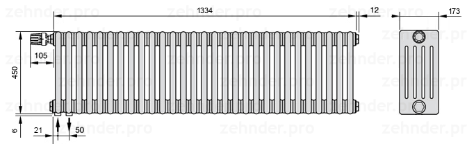 Схема (чертеж) Радиатор Zehnder Charleston 5045/29 №V001 Белый глянцевый RAL 9016